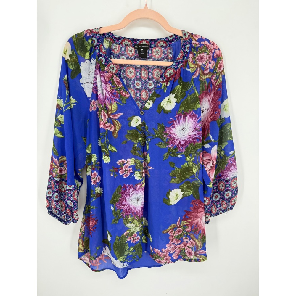 New Directions Blouse Womens Medium Blue Floral 3/4 Sleeve V-Neck Boho Top Airy